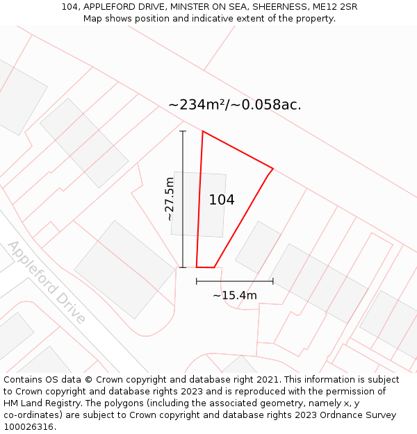 104, APPLEFORD DRIVE, MINSTER ON SEA, SHEERNESS, ME12 2SR: Plot and title map