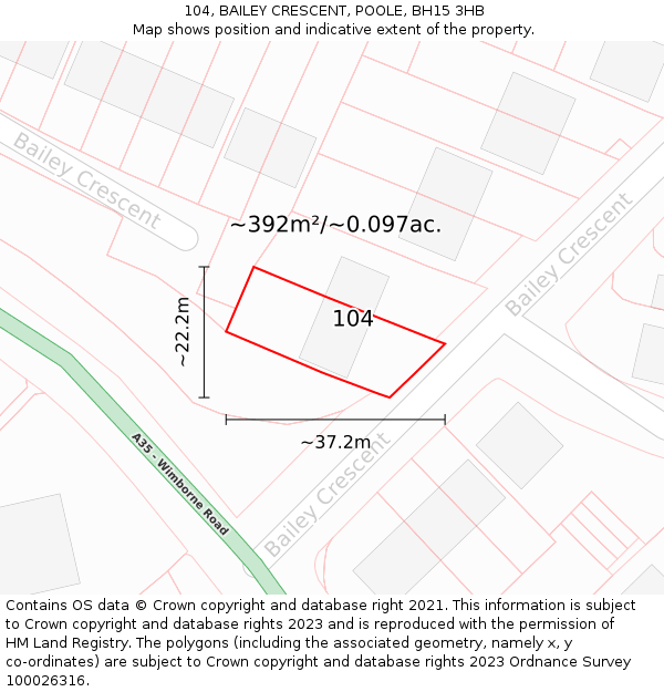104, BAILEY CRESCENT, POOLE, BH15 3HB: Plot and title map