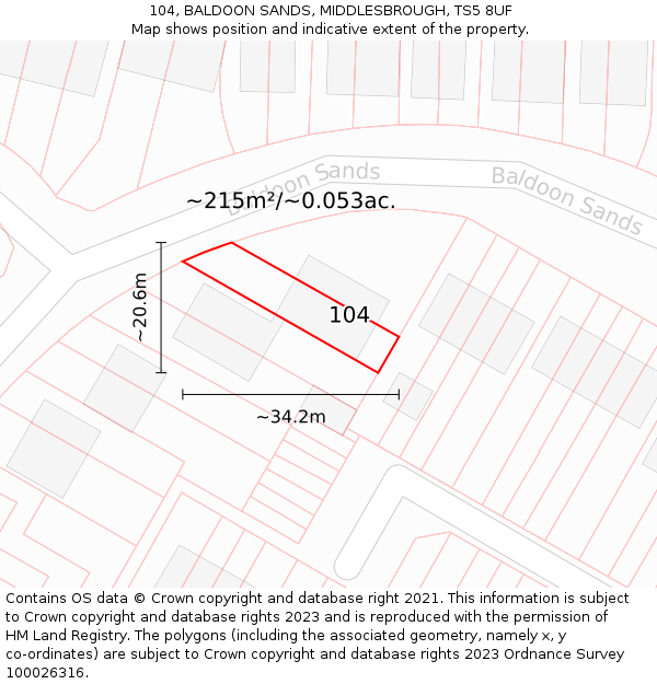 104, BALDOON SANDS, MIDDLESBROUGH, TS5 8UF: Plot and title map