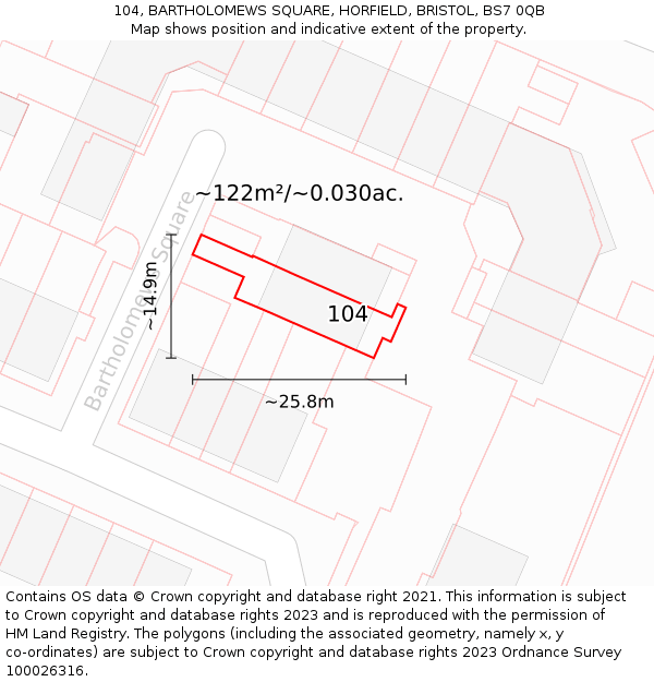 104, BARTHOLOMEWS SQUARE, HORFIELD, BRISTOL, BS7 0QB: Plot and title map
