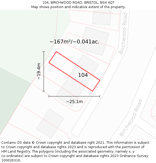 104, BIRCHWOOD ROAD, BRISTOL, BS4 4QT: Plot and title map
