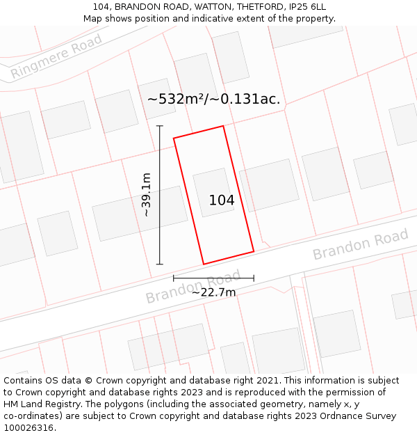 104, BRANDON ROAD, WATTON, THETFORD, IP25 6LL: Plot and title map