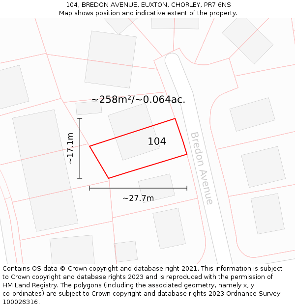 104, BREDON AVENUE, EUXTON, CHORLEY, PR7 6NS: Plot and title map