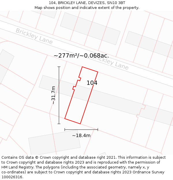 104, BRICKLEY LANE, DEVIZES, SN10 3BT: Plot and title map