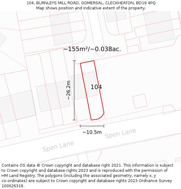 104, BURNLEYS MILL ROAD, GOMERSAL, CLECKHEATON, BD19 4PQ: Plot and title map