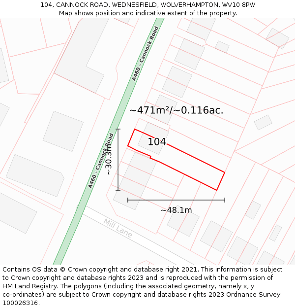 104, CANNOCK ROAD, WEDNESFIELD, WOLVERHAMPTON, WV10 8PW: Plot and title map