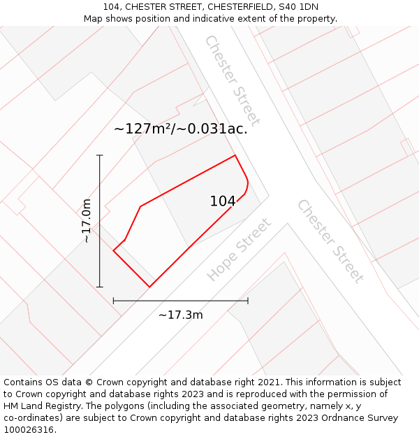 104, CHESTER STREET, CHESTERFIELD, S40 1DN: Plot and title map