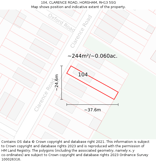 104, CLARENCE ROAD, HORSHAM, RH13 5SG: Plot and title map