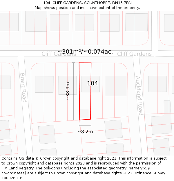 104, CLIFF GARDENS, SCUNTHORPE, DN15 7BN: Plot and title map