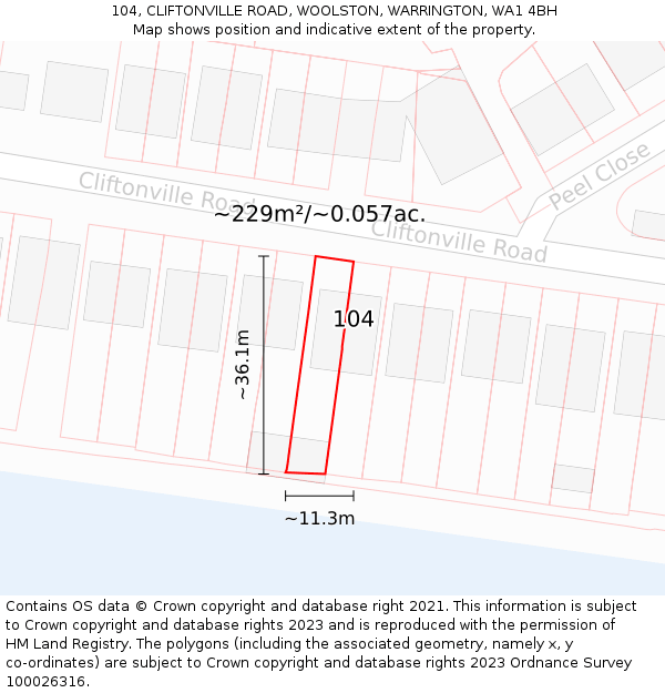104, CLIFTONVILLE ROAD, WOOLSTON, WARRINGTON, WA1 4BH: Plot and title map