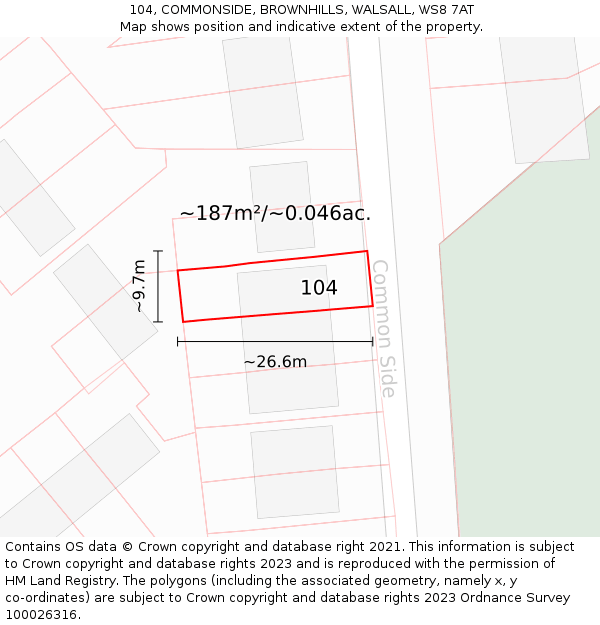 104, COMMONSIDE, BROWNHILLS, WALSALL, WS8 7AT: Plot and title map