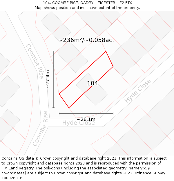 104, COOMBE RISE, OADBY, LEICESTER, LE2 5TX: Plot and title map