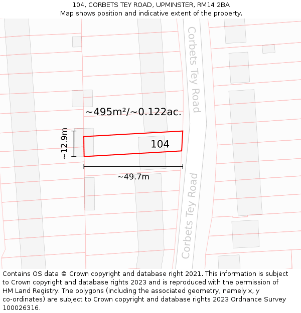 104, CORBETS TEY ROAD, UPMINSTER, RM14 2BA: Plot and title map