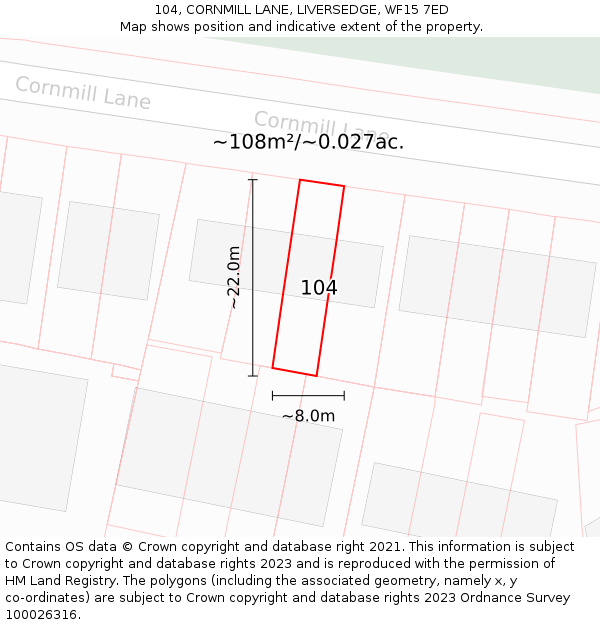 104, CORNMILL LANE, LIVERSEDGE, WF15 7ED: Plot and title map