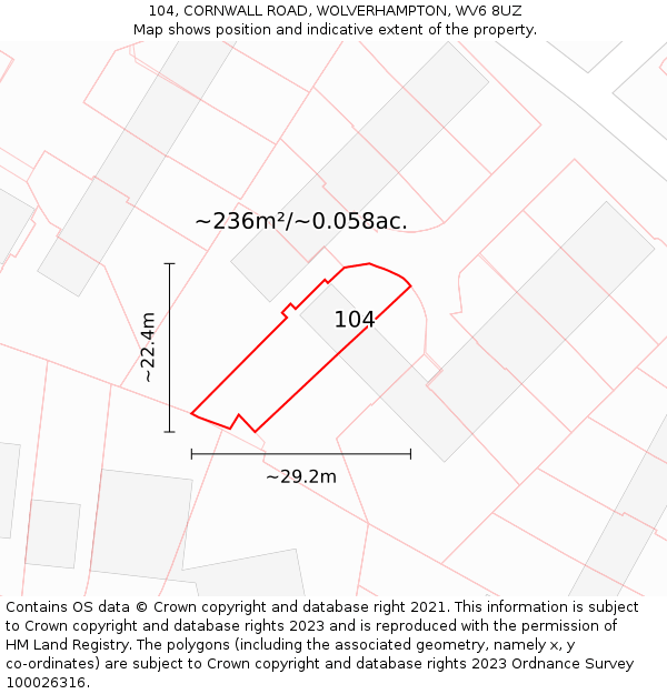 104, CORNWALL ROAD, WOLVERHAMPTON, WV6 8UZ: Plot and title map