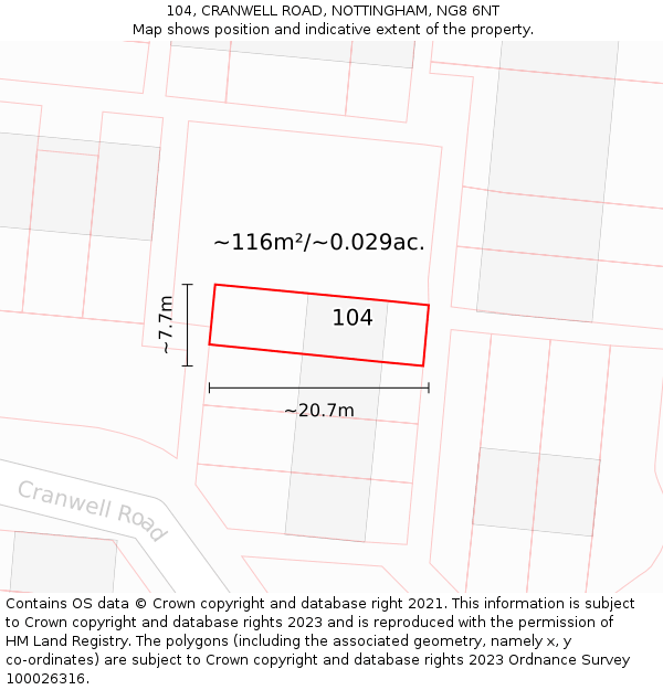 104, CRANWELL ROAD, NOTTINGHAM, NG8 6NT: Plot and title map