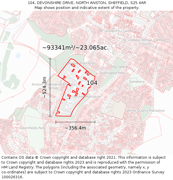 104, DEVONSHIRE DRIVE, NORTH ANSTON, SHEFFIELD, S25 4AR: Plot and title map