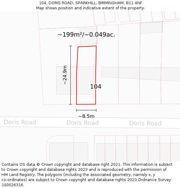 104, DORIS ROAD, SPARKHILL, BIRMINGHAM, B11 4NF: Plot and title map