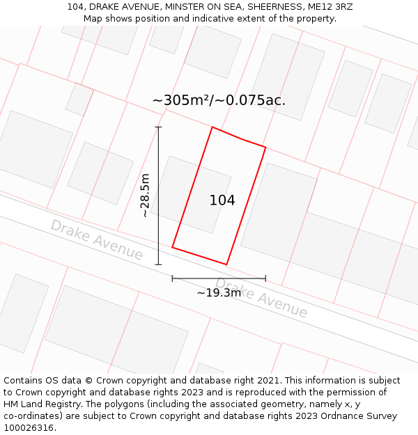 104, DRAKE AVENUE, MINSTER ON SEA, SHEERNESS, ME12 3RZ: Plot and title map