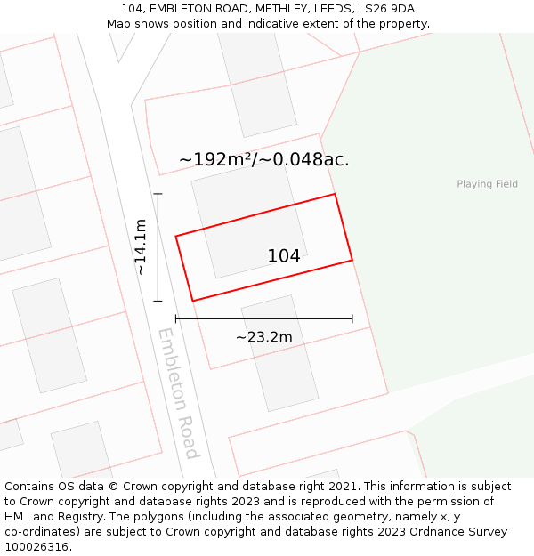 104, EMBLETON ROAD, METHLEY, LEEDS, LS26 9DA: Plot and title map