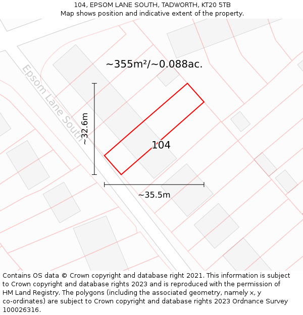 104, EPSOM LANE SOUTH, TADWORTH, KT20 5TB: Plot and title map