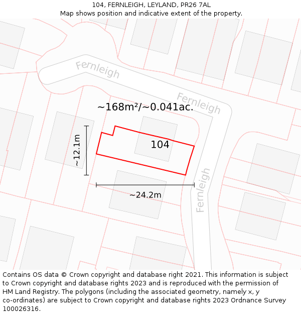 104, FERNLEIGH, LEYLAND, PR26 7AL: Plot and title map