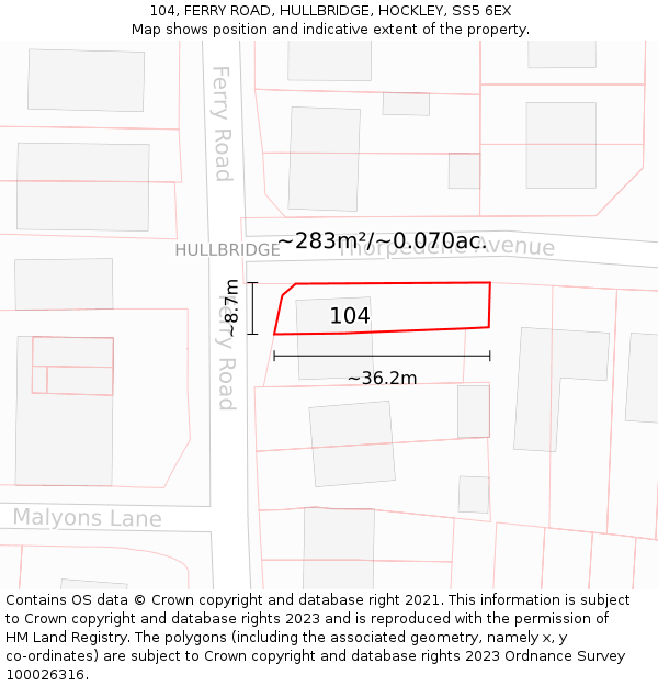 104, FERRY ROAD, HULLBRIDGE, HOCKLEY, SS5 6EX: Plot and title map