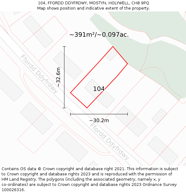 104, FFORDD DDYFRDWY, MOSTYN, HOLYWELL, CH8 9PQ: Plot and title map