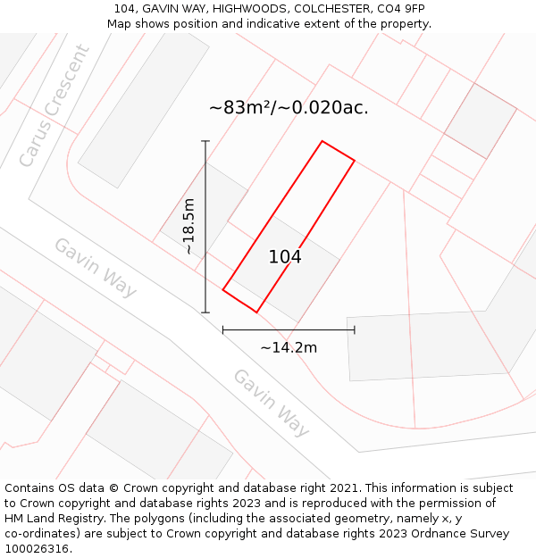 104, GAVIN WAY, HIGHWOODS, COLCHESTER, CO4 9FP: Plot and title map
