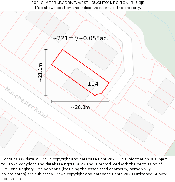 104, GLAZEBURY DRIVE, WESTHOUGHTON, BOLTON, BL5 3JB: Plot and title map
