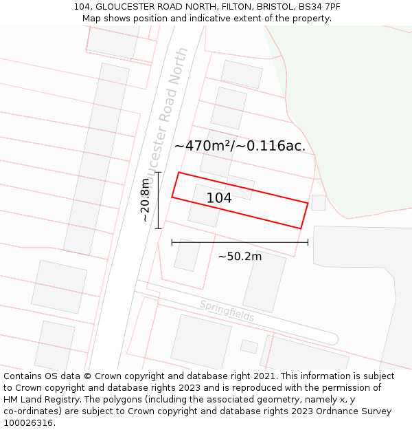 104, GLOUCESTER ROAD NORTH, FILTON, BRISTOL, BS34 7PF: Plot and title map
