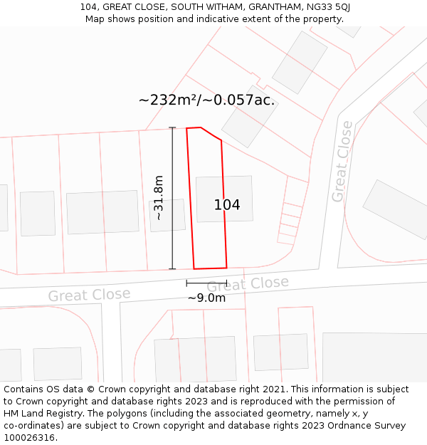104, GREAT CLOSE, SOUTH WITHAM, GRANTHAM, NG33 5QJ: Plot and title map