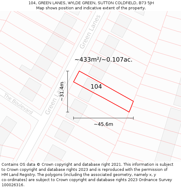 104, GREEN LANES, WYLDE GREEN, SUTTON COLDFIELD, B73 5JH: Plot and title map