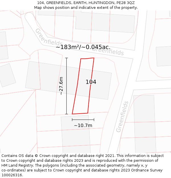 104, GREENFIELDS, EARITH, HUNTINGDON, PE28 3QZ: Plot and title map