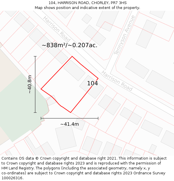 104, HARRISON ROAD, CHORLEY, PR7 3HS: Plot and title map