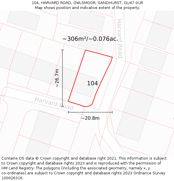 104, HARVARD ROAD, OWLSMOOR, SANDHURST, GU47 0UR: Plot and title map