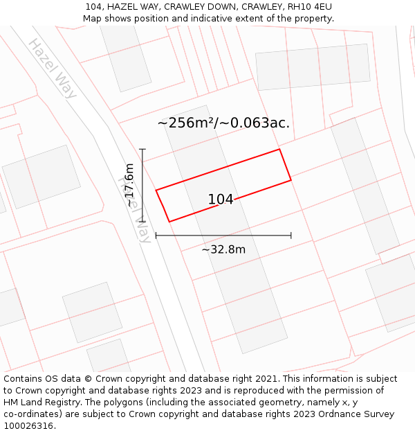 104, HAZEL WAY, CRAWLEY DOWN, CRAWLEY, RH10 4EU: Plot and title map