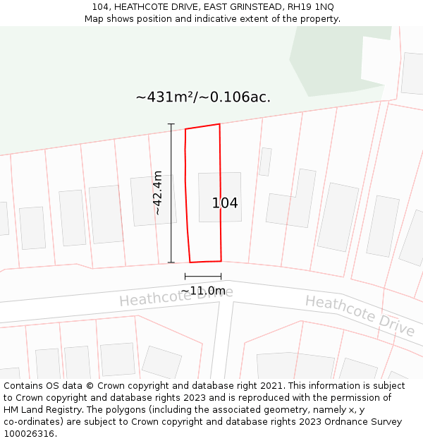 104, HEATHCOTE DRIVE, EAST GRINSTEAD, RH19 1NQ: Plot and title map