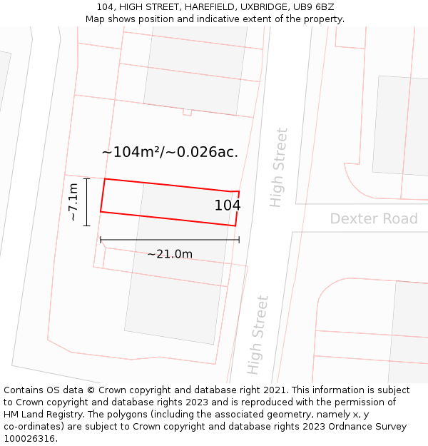 104, HIGH STREET, HAREFIELD, UXBRIDGE, UB9 6BZ: Plot and title map