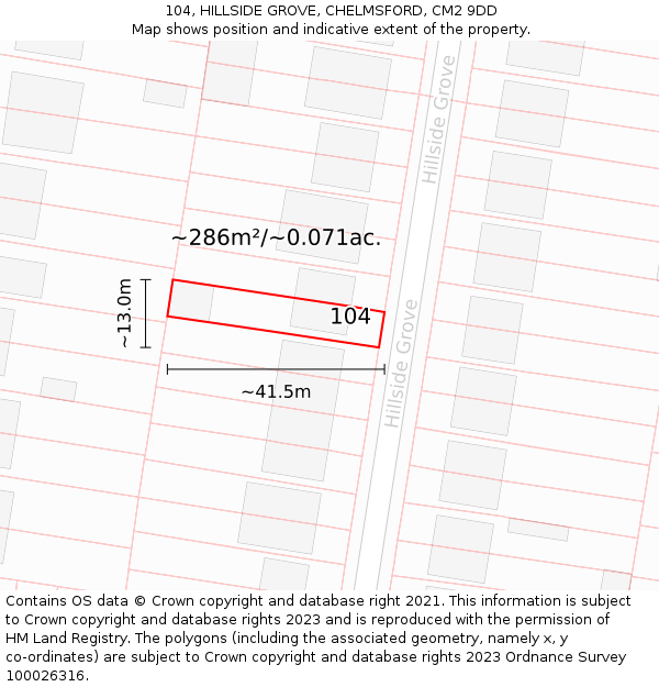 104, HILLSIDE GROVE, CHELMSFORD, CM2 9DD: Plot and title map