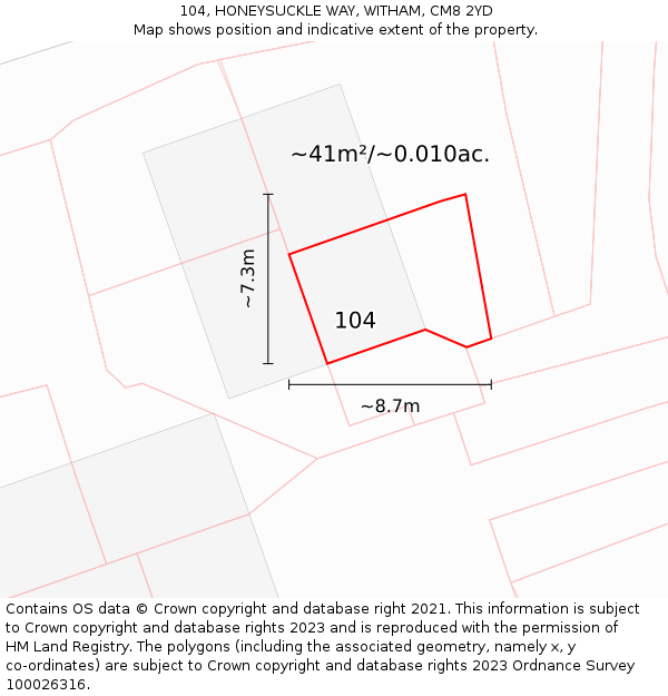 104, HONEYSUCKLE WAY, WITHAM, CM8 2YD: Plot and title map