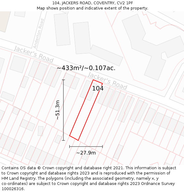 104, JACKERS ROAD, COVENTRY, CV2 1PF: Plot and title map