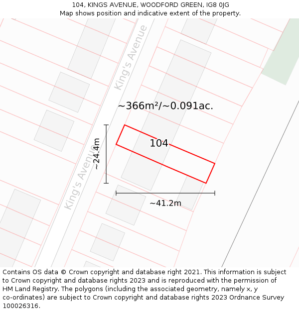 104, KINGS AVENUE, WOODFORD GREEN, IG8 0JG: Plot and title map