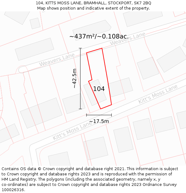 104, KITTS MOSS LANE, BRAMHALL, STOCKPORT, SK7 2BQ: Plot and title map
