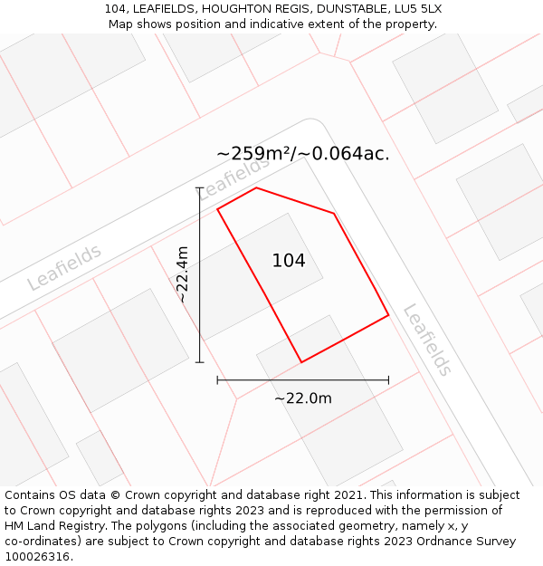 104, LEAFIELDS, HOUGHTON REGIS, DUNSTABLE, LU5 5LX: Plot and title map
