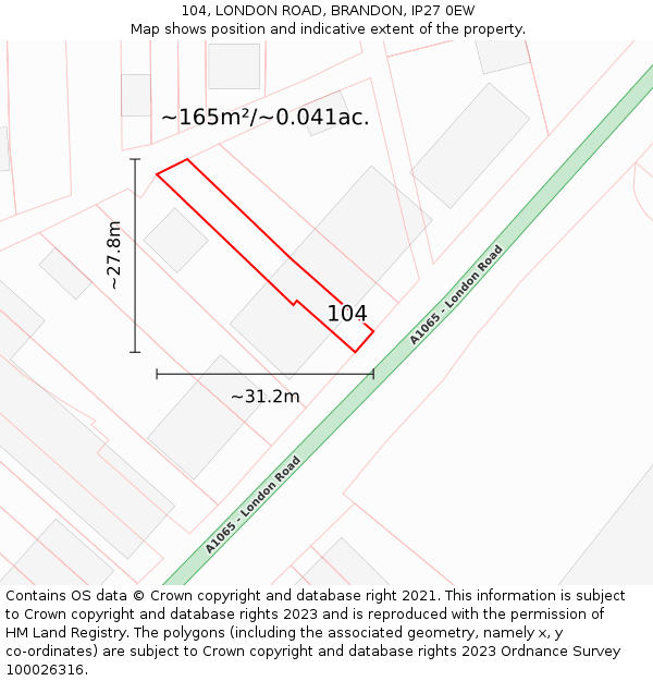 104, LONDON ROAD, BRANDON, IP27 0EW: Plot and title map