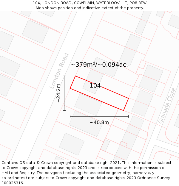 104, LONDON ROAD, COWPLAIN, WATERLOOVILLE, PO8 8EW: Plot and title map