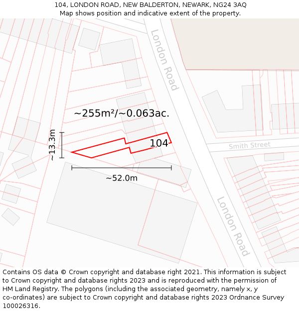 104, LONDON ROAD, NEW BALDERTON, NEWARK, NG24 3AQ: Plot and title map