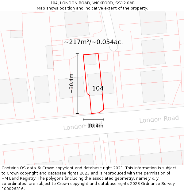 104, LONDON ROAD, WICKFORD, SS12 0AR: Plot and title map