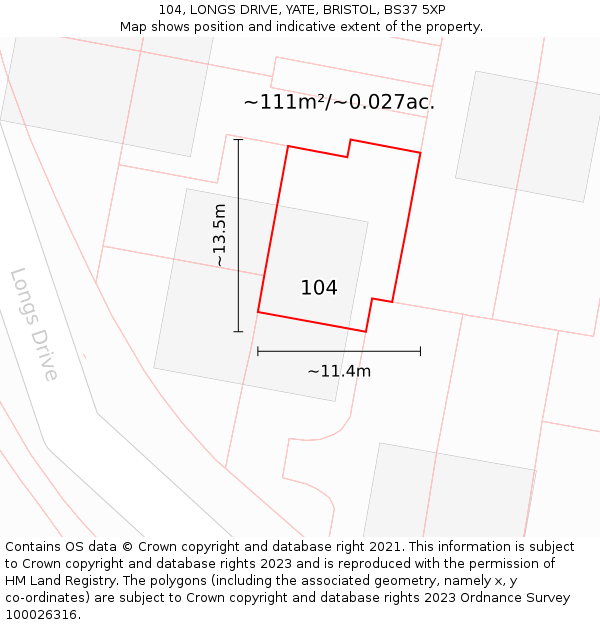 104, LONGS DRIVE, YATE, BRISTOL, BS37 5XP: Plot and title map